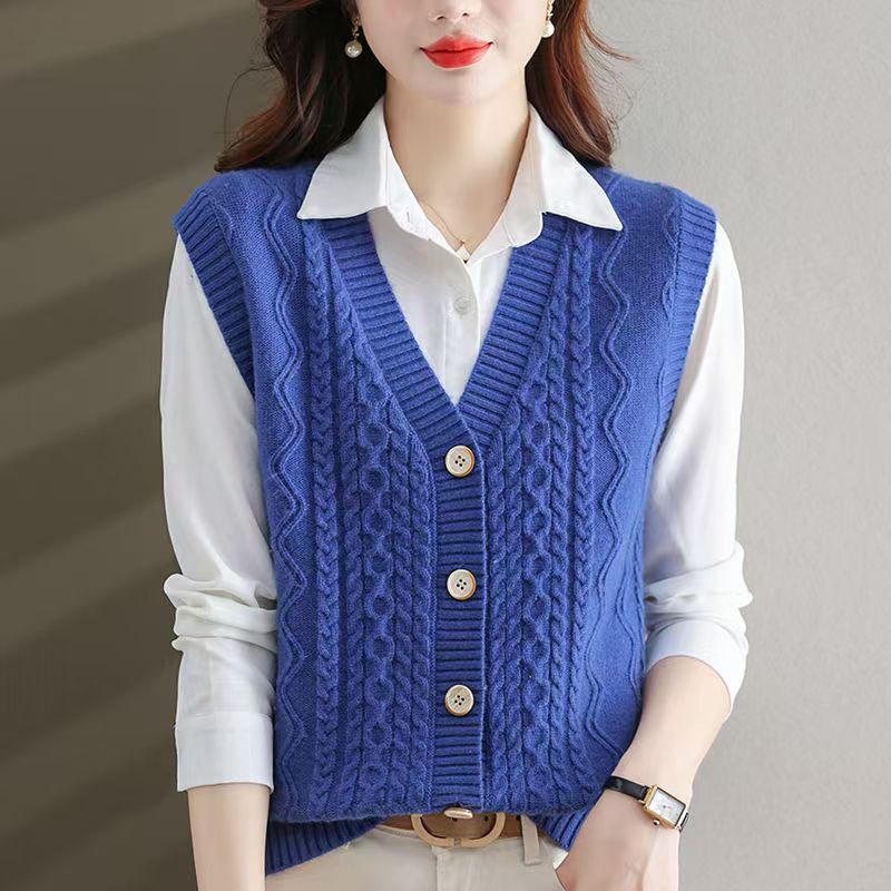 Sleeveless Knitted Vest Women's Cardigan Autumn and Winter Warm Windproof Loose Casual Vest Jacket V-Neck Sweater Vest