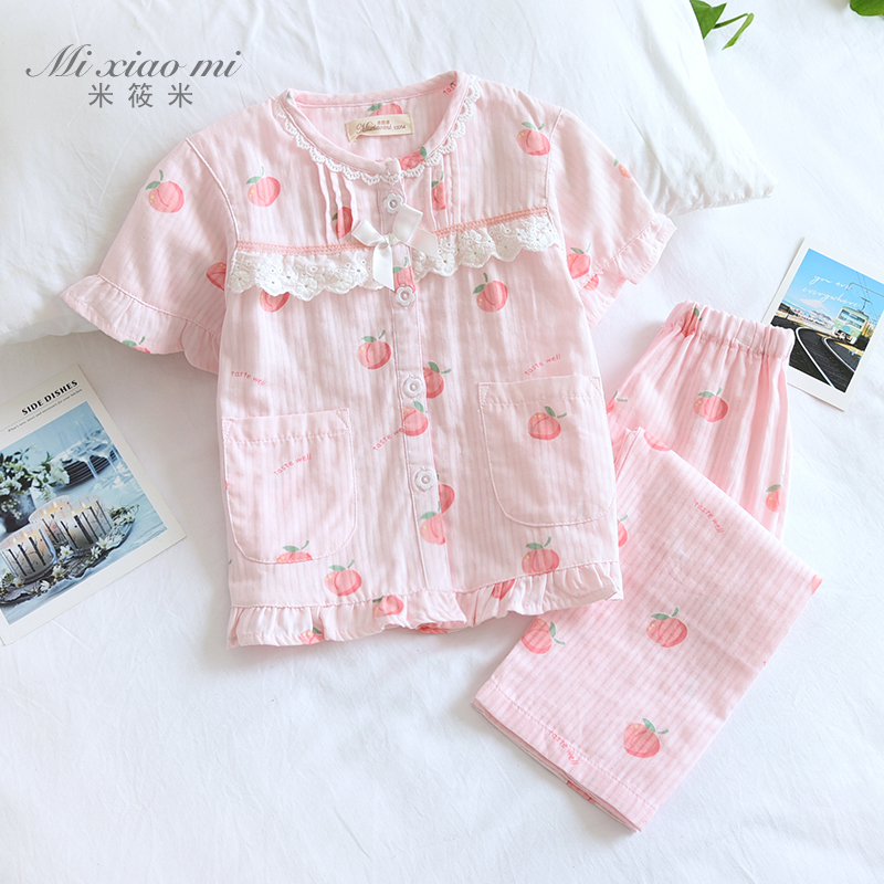 Rice Shino Pure Cotton Cotton Cloth Thin Short Sleeves Long Pants Spring Summer Girl Girl Child's air conditioning Home Sleeping Clothes Pants Set of Women