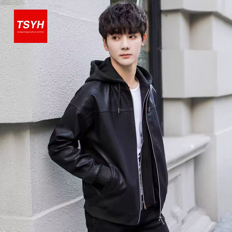 Men's Hooded Leather Jacket, New Loose-Fitting Faux Two-Piece Stylish Cotton-Padded Biker Leather Jacket for Spring and Autumn Men's Hooded Leather Jacket, New Loose-Fitting Faux Two-Piece Stylish Cotton-Padded Biker Leather Jacket for Spring and Autumn
