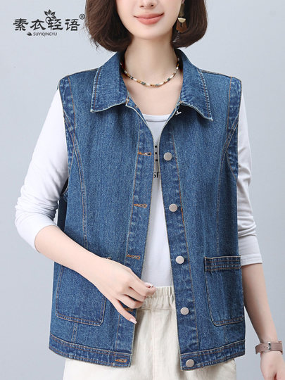 休闲全棉牛仔马甲女宽松短款背心2025春秋新款中年妈妈大码马夹潮