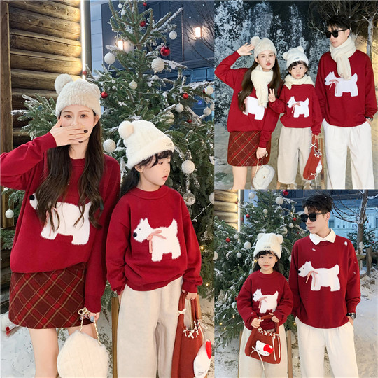 高端亲子装一家三口母女母子装秋冬毛衣元旦新年拜年服全家装潮