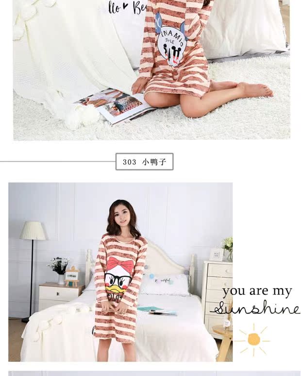 Phụ nữ mang thai mùa thu hoạt hình modal cotton nightgirl nữ dài tay dễ thương lỏng XL đồ ngủ phụ nữ ăn mặc béo mm đầm cho người lớn tuổi
