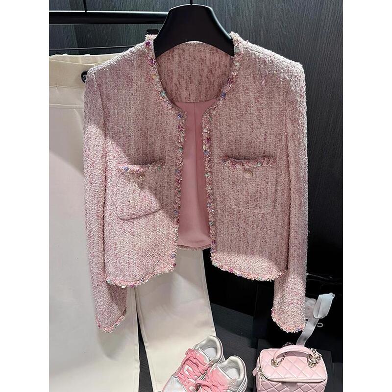 Morandi Color Scheme & High-End Luxury Chanel Style, Enchanting Pink Heavy-Duty Rhinestone Embellishment, Unique and Super Beautiful Silhouette Tweed Jacket for Women