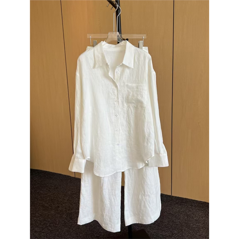 【Relaxation】Nanyou High-End 100% Linen Apricot Shirt and Wide-Leg Pants Set for Women 2026 Summer New Collection