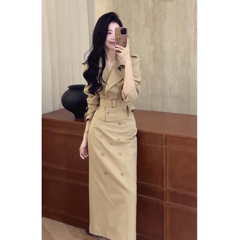 [Barn Style] Intellectual and Elegant Double-Breasted Waist-Cinching Short Trench Coat/Skirt Two-Piece Set for Women
