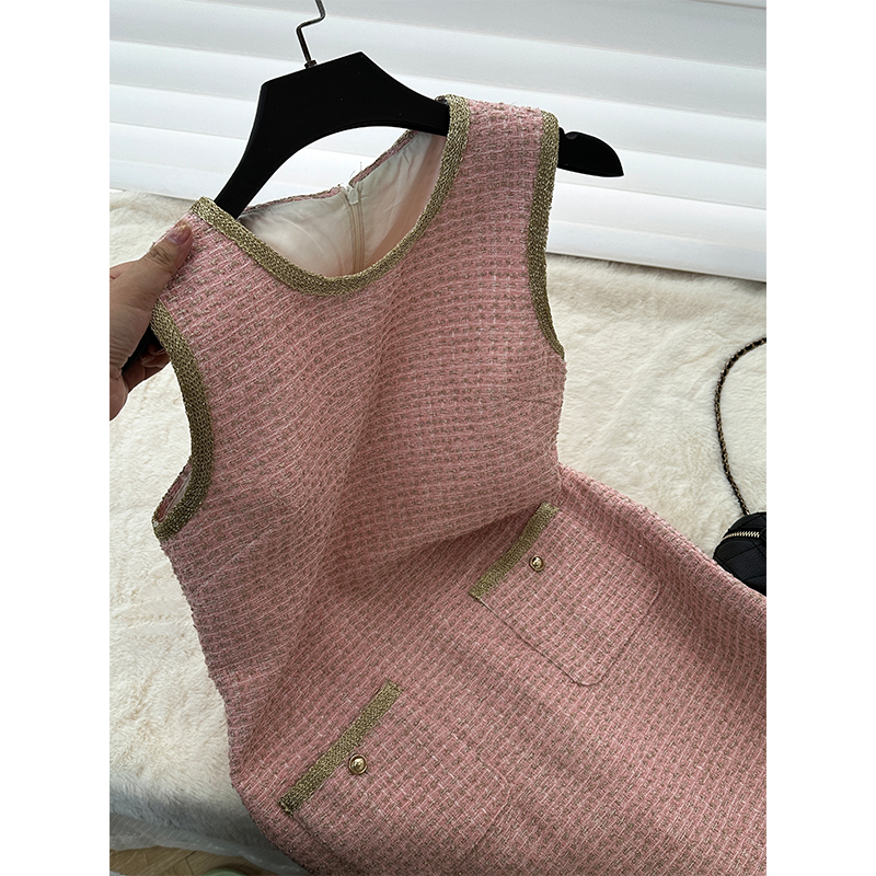 Paiye/Nanyou Haute Couture Little Chanel Style Rouge Pink Luxurious Tweed Sleeveless Vest Dress for Women A78218 Paiye/Nanyou Haute Couture Little Chanel Style Rouge Pink Luxurious Tweed Sleeveless Vest Dress for Women A78218