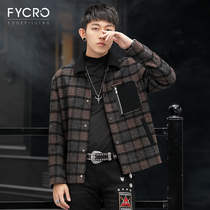 Woolen coat men's short autumn and winter plaid jacket trend Korean version of thickened non-cashmere middle-aged men's woolen coat