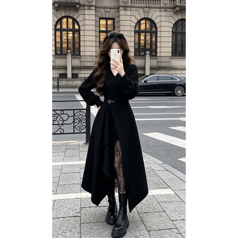 Designed Autumn and Winter Patchwork Shirt Dress for Women, Plus Size, Slimming Waist, Slit, Elegant Black Long Dress Designed Autumn and Winter Patchwork Shirt Dress for Women, Plus Size, Slimming Waist, Slit, Elegant Black Long Dress