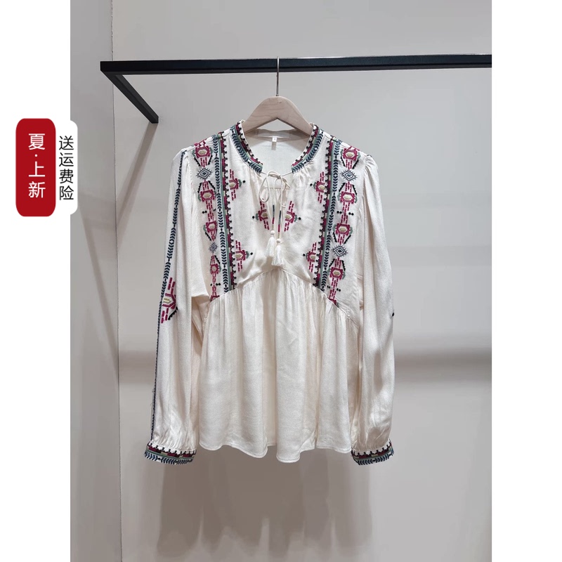 Heidd French Ba2026 Spring/Summer Ethnic Style Heavy Embroidery Lace-Up Round Neck Long Sleeve Shirt【Yuan】