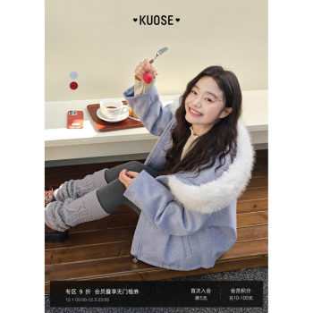 Gray purple hooded fur collar woolen coat