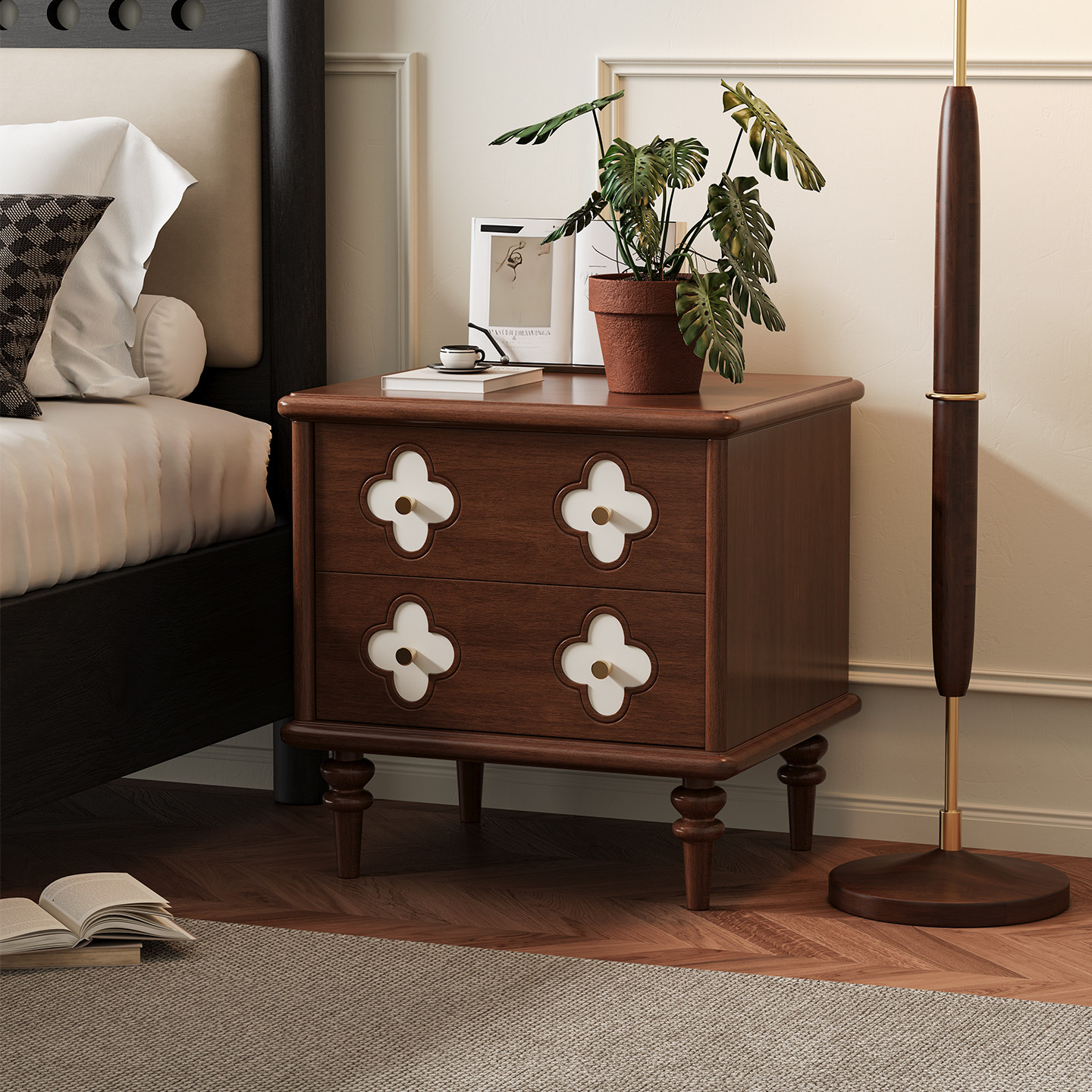 フレンチレトロスタイルのベッドサイドテーブル、無垢材のダブル引き出し収納キャビネット、ヴィンテージスタイルの収納キャビネット、四つ葉のクローバーと貝殻のベッドサイドテーブル