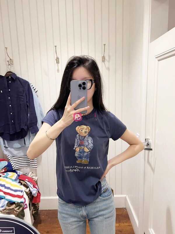 Ralph Lauren Women's New Pure Cotton Round Neck Rl Denim Bear Pattern Fashionable Short-Sleeved T-Shirt