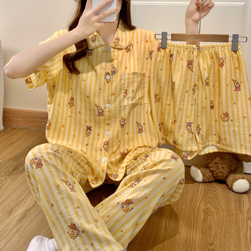 Striped Star Pajamas for Women, Summer 2026 New Short-Sleeved Cloud Cotton with Chest Pad, Student Home Wear Three-Piece Set