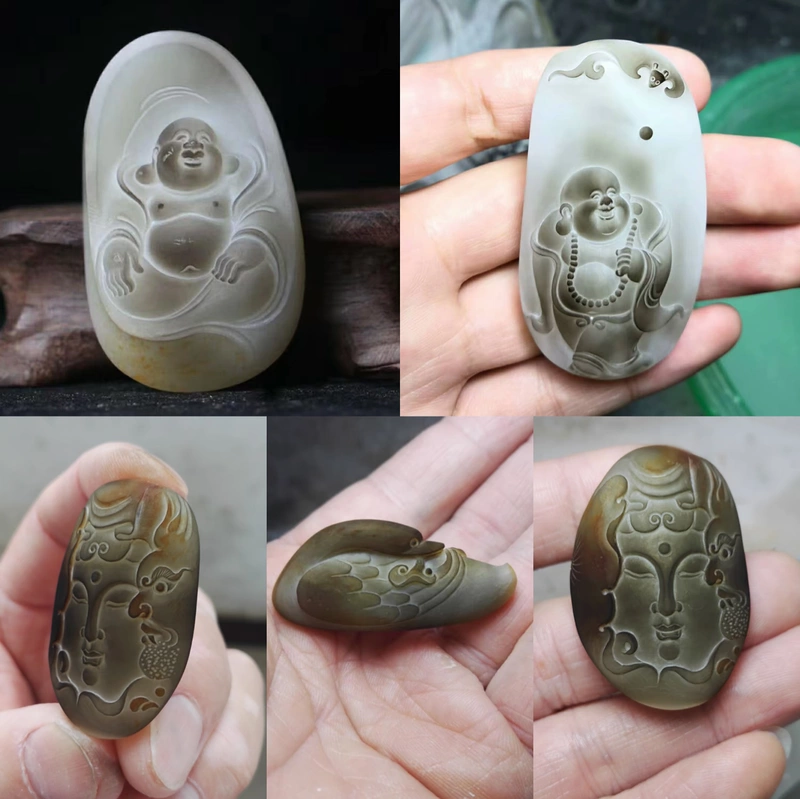 王府 Tân Cương tự nhiên ngọc bích Hetian chất liệu hạt ngọc bích mặt dây chuyền nam và nữ mô hình Phật Guanyin với giấy chứng nhận - Vòng đeo tay Cuff vòng tay gỗ sưa