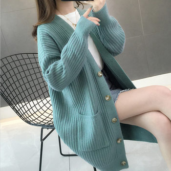 Foreign trade pit strip mid-length knitted cardigan for women 2025 autumn and winter new korean style loose v-neck solid color striped sweater