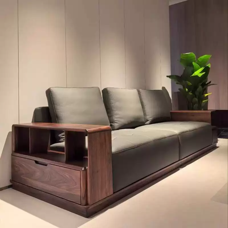 设计感北美黑胡桃木沙发客厅直排三人位真皮现代简约沙发实木沙发