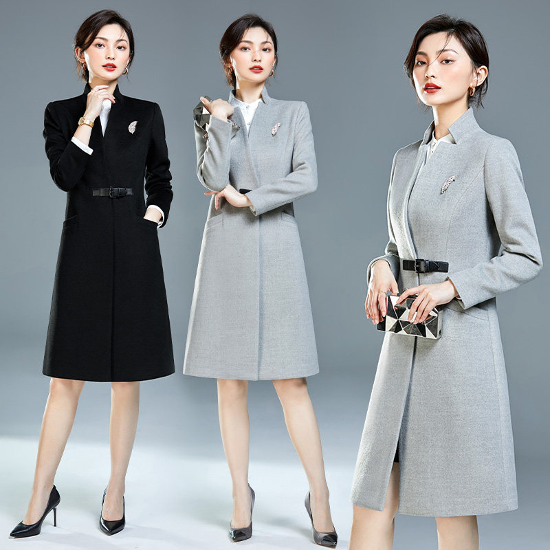 Stewardess professional woolen coat women's long over the knee long gold shop overalls gray woolen overcoat workwear winter