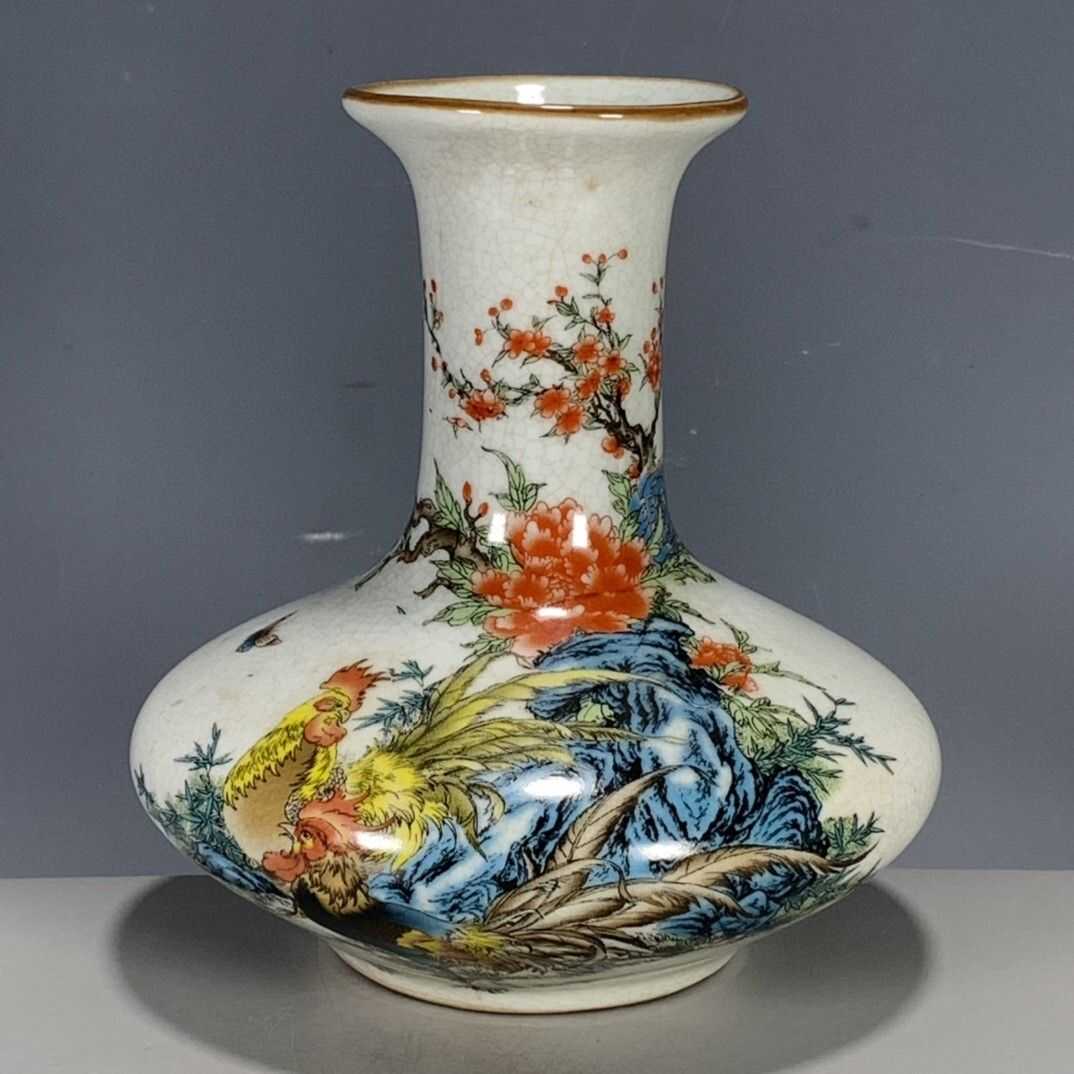 中国古玩　福建漆器 金彩画　大花瓶　台付 仿大清乾隆粉彩大吉大利公鸡纹扁花瓶古董古玩瓷器复古摆件工艺品