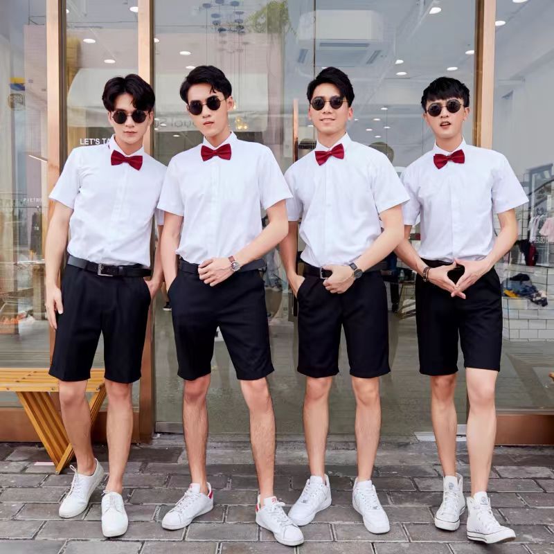 Brotherhood Uniform Summer Short-Sleeved White Shirt Groomsmen Outfit Wedding Groom Shirt Banquet Base Layer Suit Slim Fit Men
