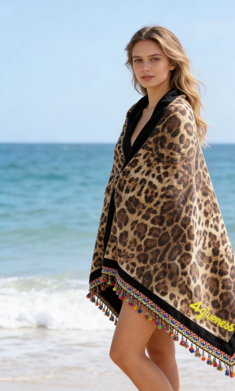 N Foreign Trade Export Pure Cotton Leopard Print Beach Towel Large Size Bath Towel with Beaded Tassels on Both Sides Bohemian Style