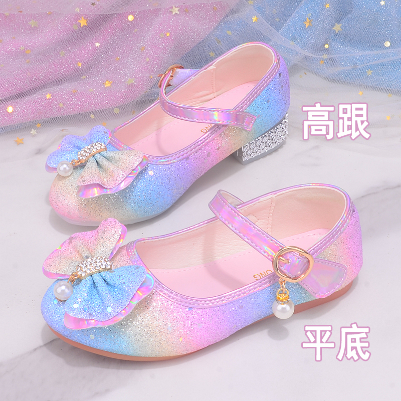 Girls' Rainbow-Colored Princess Shoes 2026 New Korean Style High-Heeled Fashion Shoes Colorful Sequin Girls' Leather Shoes