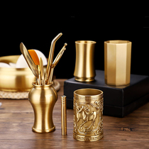 Pure copper tea ceremony six gentleman gourd Chinese tea set accessories bamboo 6 gentleman storage tube tea clip needle knife spoon set