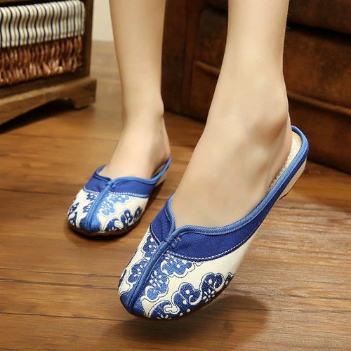 Сине-белые этнические высокие туфли, тапочки, слайдеры, этнический стиль