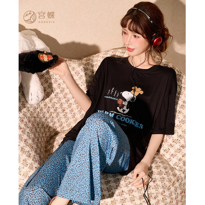 Gongdie [Cool Feeling] Snoopy Modal Cotton Pajamas for Women Cartoon Short Sleeve Leopard Print Long Pants Home Wear Summer