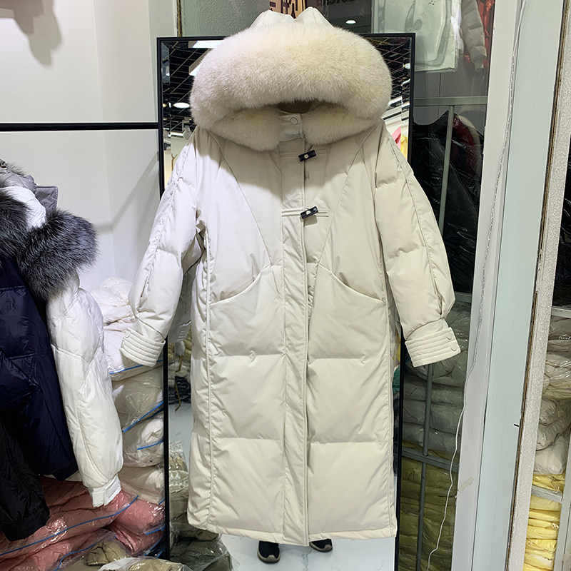 2020 new Anti-Ji Qingkura Down jacket Female mid-length version Large fur collar Korean version loose over knee white duck suede winter jacket