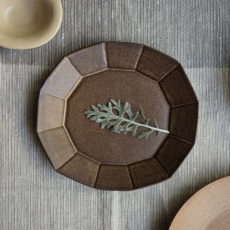 Hexia | Iron Glaze Color Polygonal Dinner Plate, Handmade Shallow Plate, Handmade Rustic Pottery Tableware