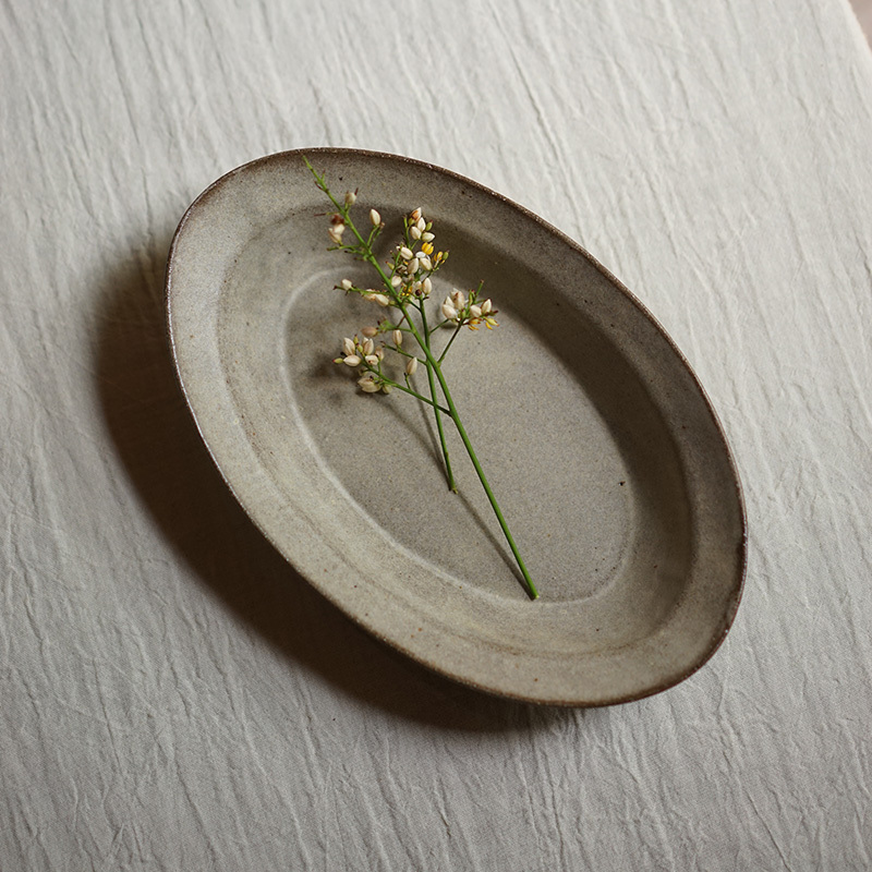 He Xia |   Gray Glazed Oval Folded Edge Bowl, Handmade Pottery, Tableware, Japanese Retro Style for Home Use