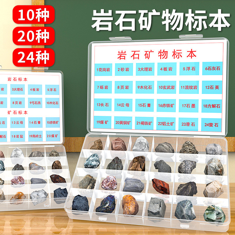 矿物岩石标本10/20/24种化石套装小学科学自然地理地质观察学生用
