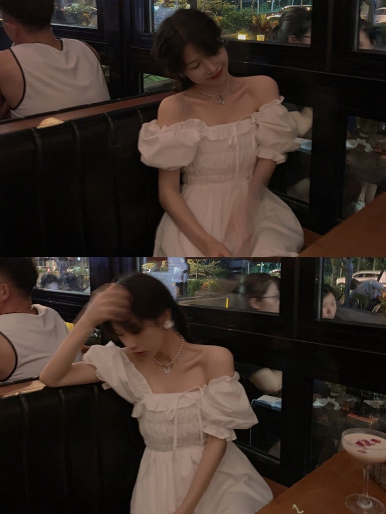 Rice squad cool sweet girl ghost horse Hyuna section front short back long white bubble sleeve square collar dress