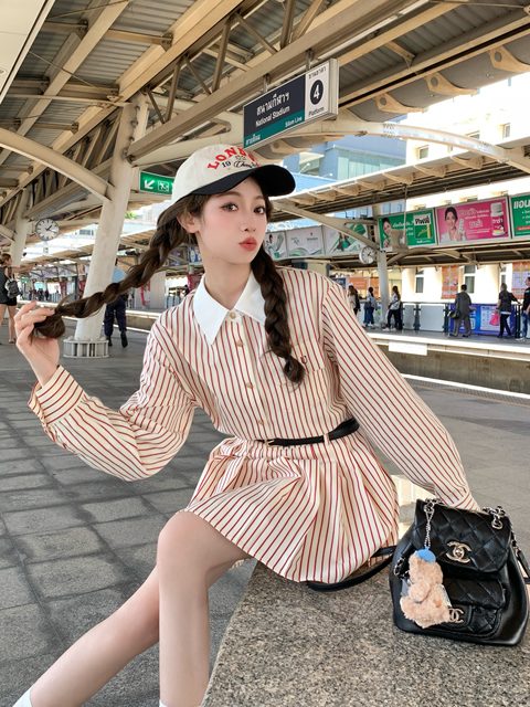 FFBLUE Cherry Pie ອາເມລິກາ retro ສາວຫວານ embroidered striped shirt ວິທະຍາໄລແບບ pleated skirt ແມ່ຍິງສອງສິ້ນຊຸດ