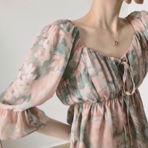 Fan team back garden french dreamy tie-dyed square collar chiffon top