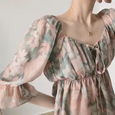 Rice team back garden french dreamy tie-dyed square collar chiffon top