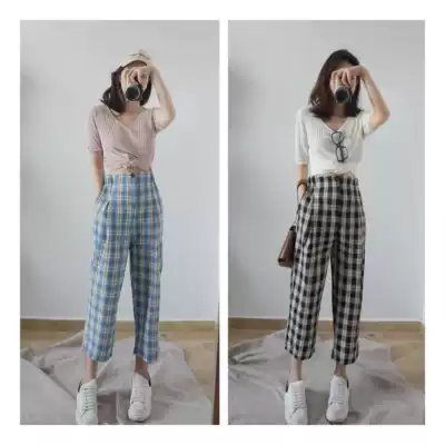 Rice squad thin Jenny pants summer cool sunscreen high waist plaid nine-point pants loose straight casual pants women