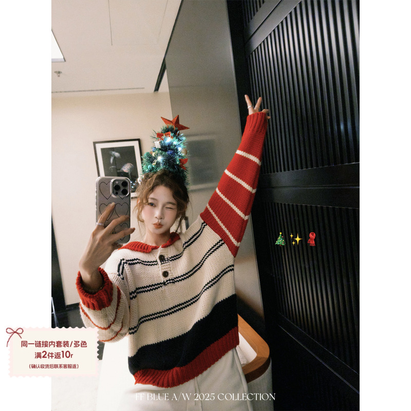 Ff Blue Christmas Wish 2-Color Contrast Chunky Knit Striped Sweater for Women Christmas Atmosphere Red Color-Blocked Top