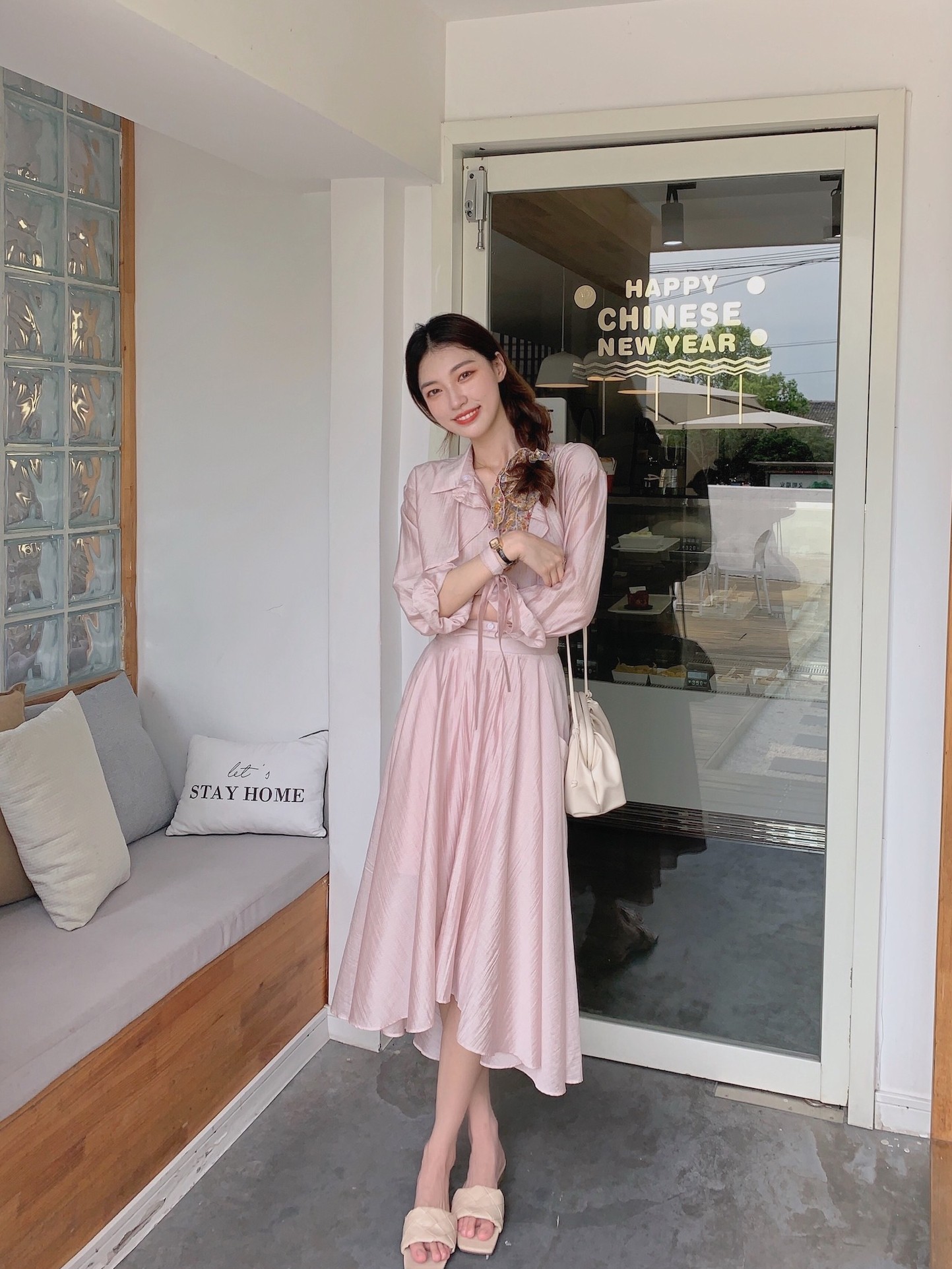 Rice team designer pink fine flash windbreaker shirt umbrella skirt Striped long-sleeved two-piece loose commuter