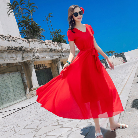 Short-sleeved dress women's Sanya red waist slim mid-length seaside travel romantic sunlight chiffon beach skirt