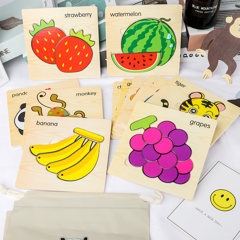 Eight 1 sets of wooden 3D three-dimensional puzzle fruit animal young children Early teaching building blocks puzzle boy girl 1-6 years old
