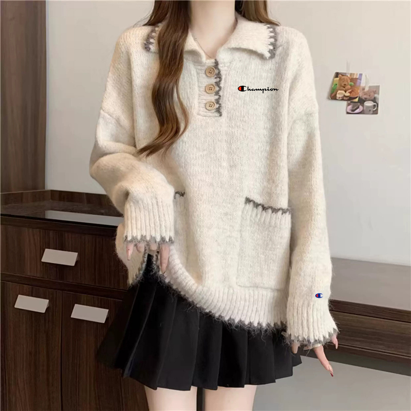 Japanese Style Champion Loose Polo Collar Thick Soft Knit Sweater 2026 Autumn and Winter Age-Reducing Chic Simple Top Japanese Style Champion Loose Polo Collar Thick Soft Knit Sweater 2026 Autumn and Winter Age-Reducing Chic Simple Top
