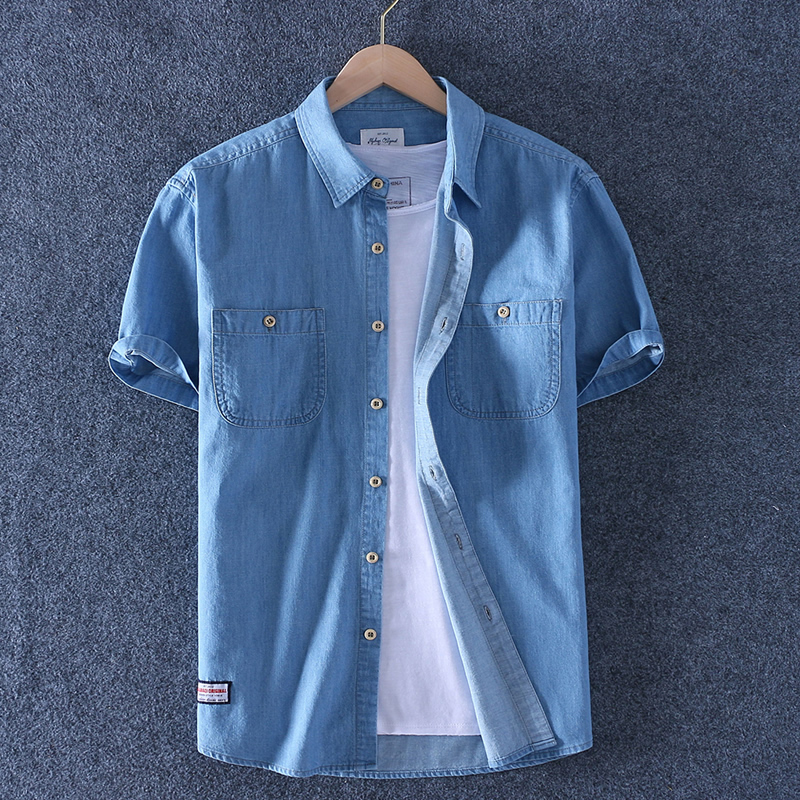 Summer Men's Washed Cotton Casual Denim Shirt Thin Short-Sleeved Denim Pure Cotton Shirt Top with Double Pockets