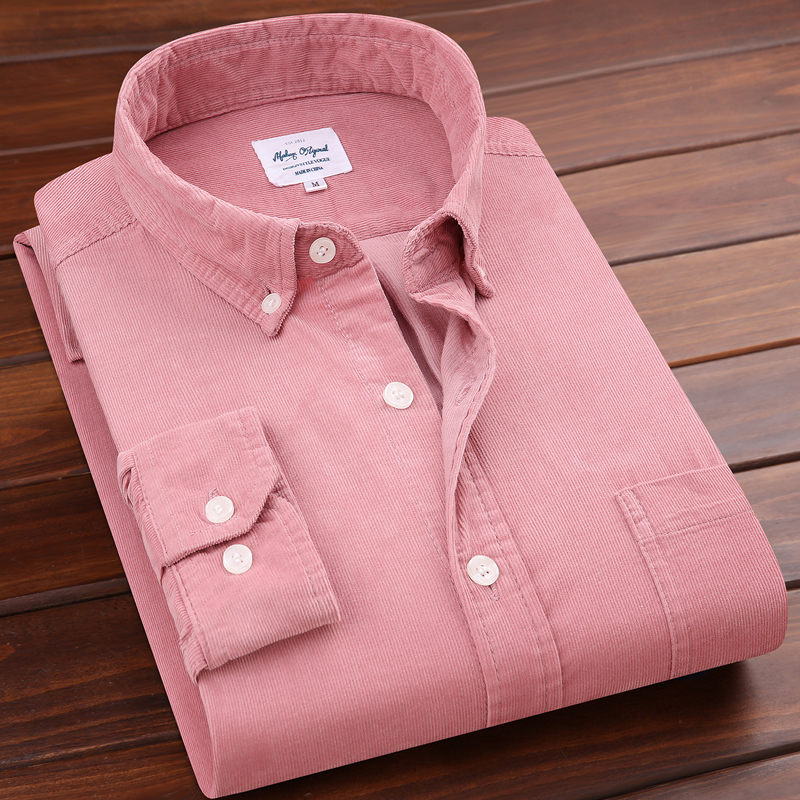 Shabaqi Autumn Men's Pure Cotton Corduroy Long Sleeve Shirt Solid Color Casual Shirt Pink Men's Corduroy Top