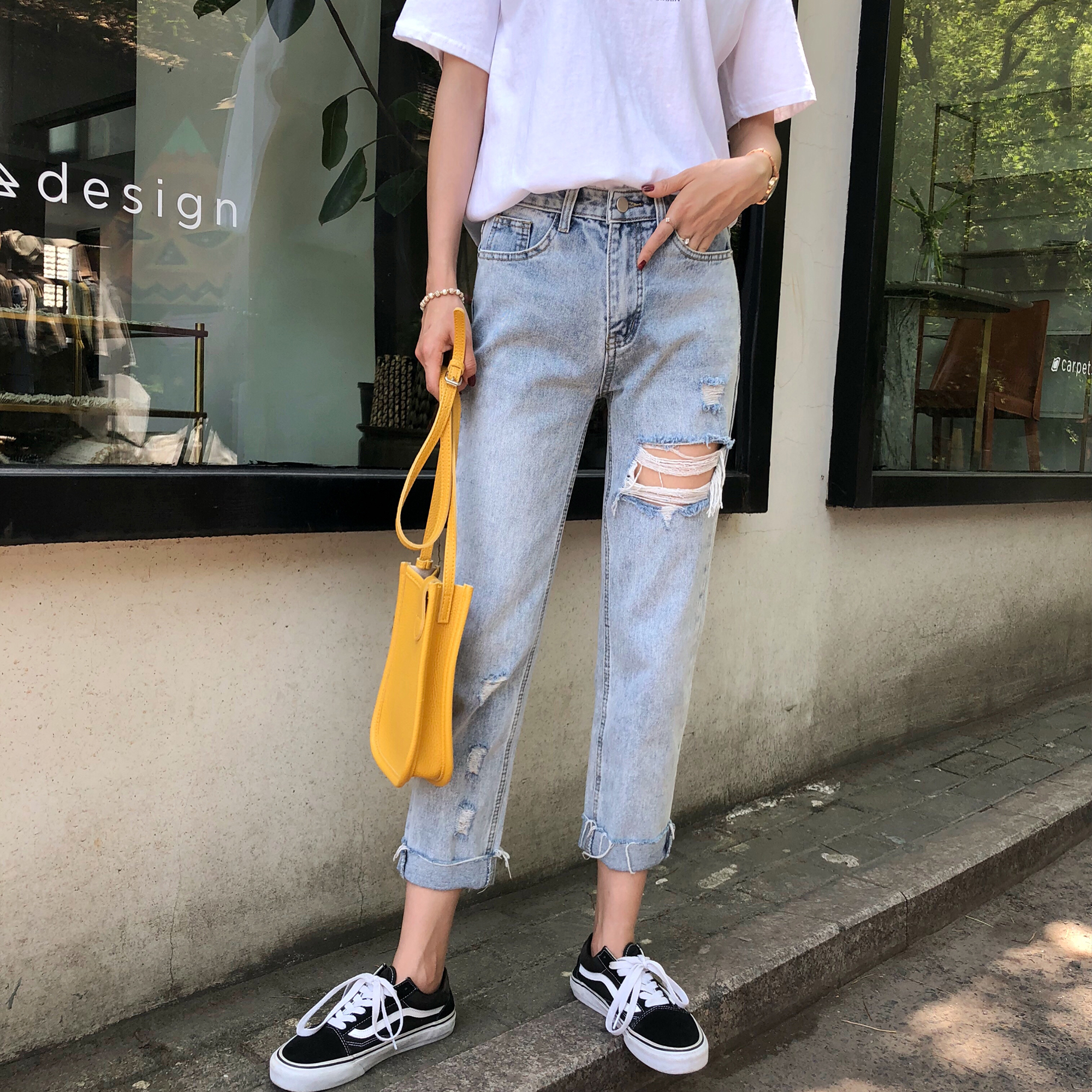 High waist crass Broken Cave Jeans Woman 90% 2022 Chunqiu New Internet Red Beggar Old Daddy Pants Loose Straight Drum Pants