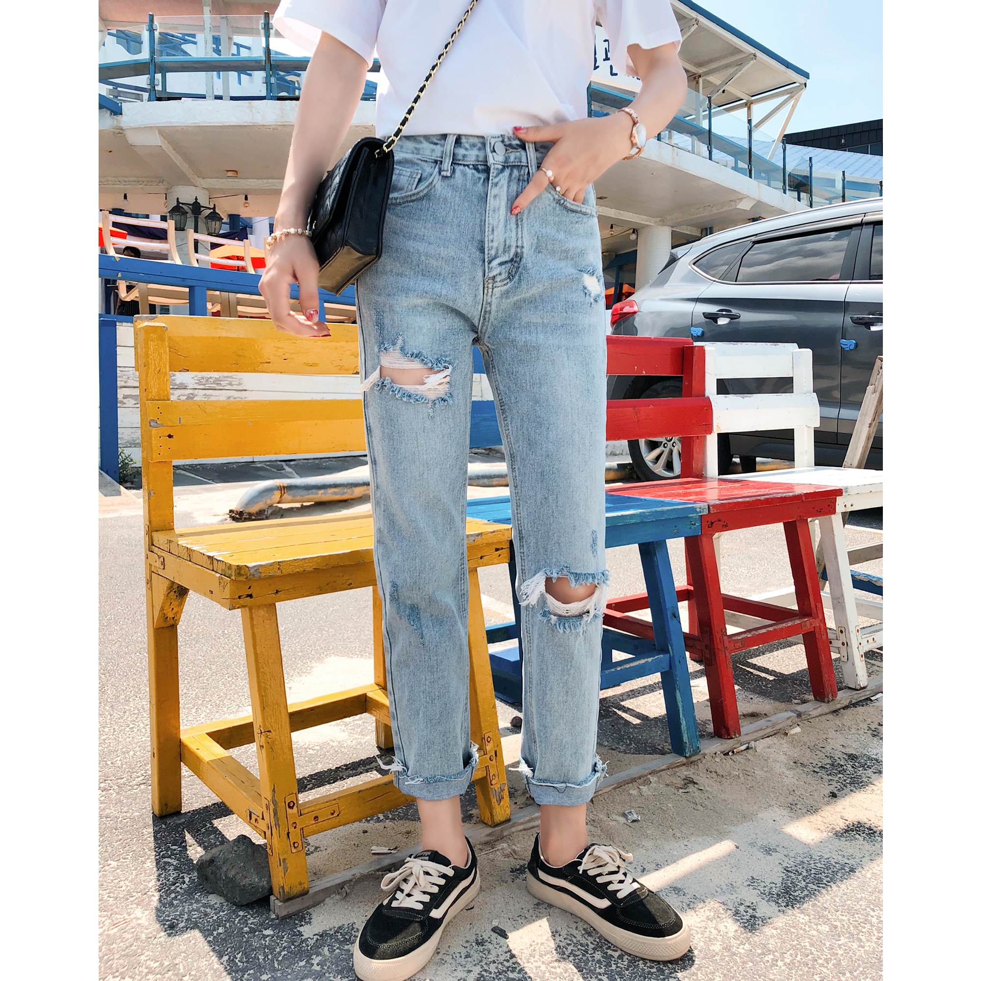 High waist dash Hole Jeans Woman Straight Barrel Loose 90% Wide Leg Pants 2021 Fall Net Red Ins Slim Trousers Tide