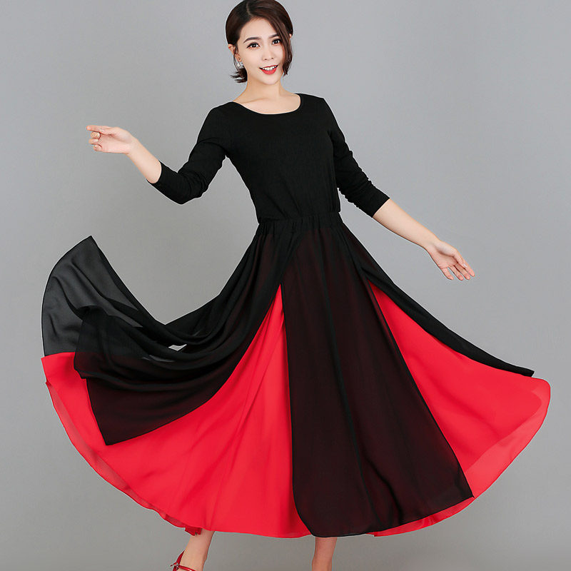Flowers and Shadow Square Dance suit Love Dancing Skirt New Black Blouse Snowspinning Big Swing Dress Red Black Open Fork Long Skirt