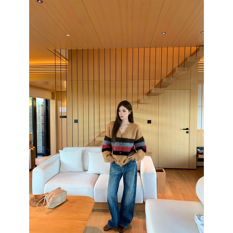 Xuqianqi Neon Sweater Jacket Fleece V-Neck Color-Block Striped Lazy Wool Knit Cardigan Xuqianqi Neon Sweater Jacket Fleece V-Neck Color-Block Striped Lazy Wool Knit Cardigan