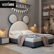 Leather bed Mickey Mouse childrens childrens second bedroom female princess bed solid wood Net red cartoon single bed