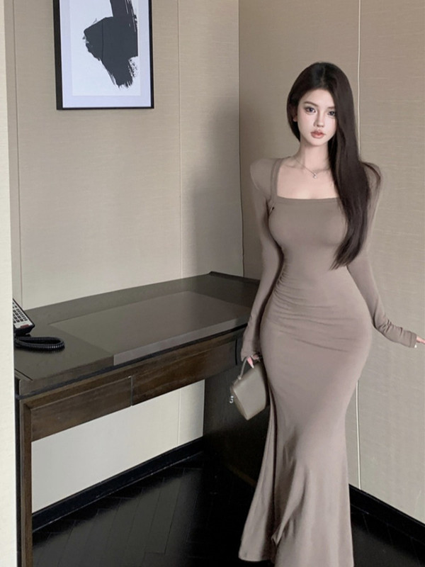 Pure Lust Style Dress for Women in Spring, Autumn and Winter, Long-Sleeved Slim-Fitting Bottoming Skirt, Waist-Cinching Mid-Length Hip-Hugging Fishtail Skirt Pure Lust Style Dress for Women in Spring, Autumn and Winter, Long-Sleeved Slim-Fitting Bottoming Skirt, Waist-Cinching Mid-Length Hip-Hugging Fishtail Skirt